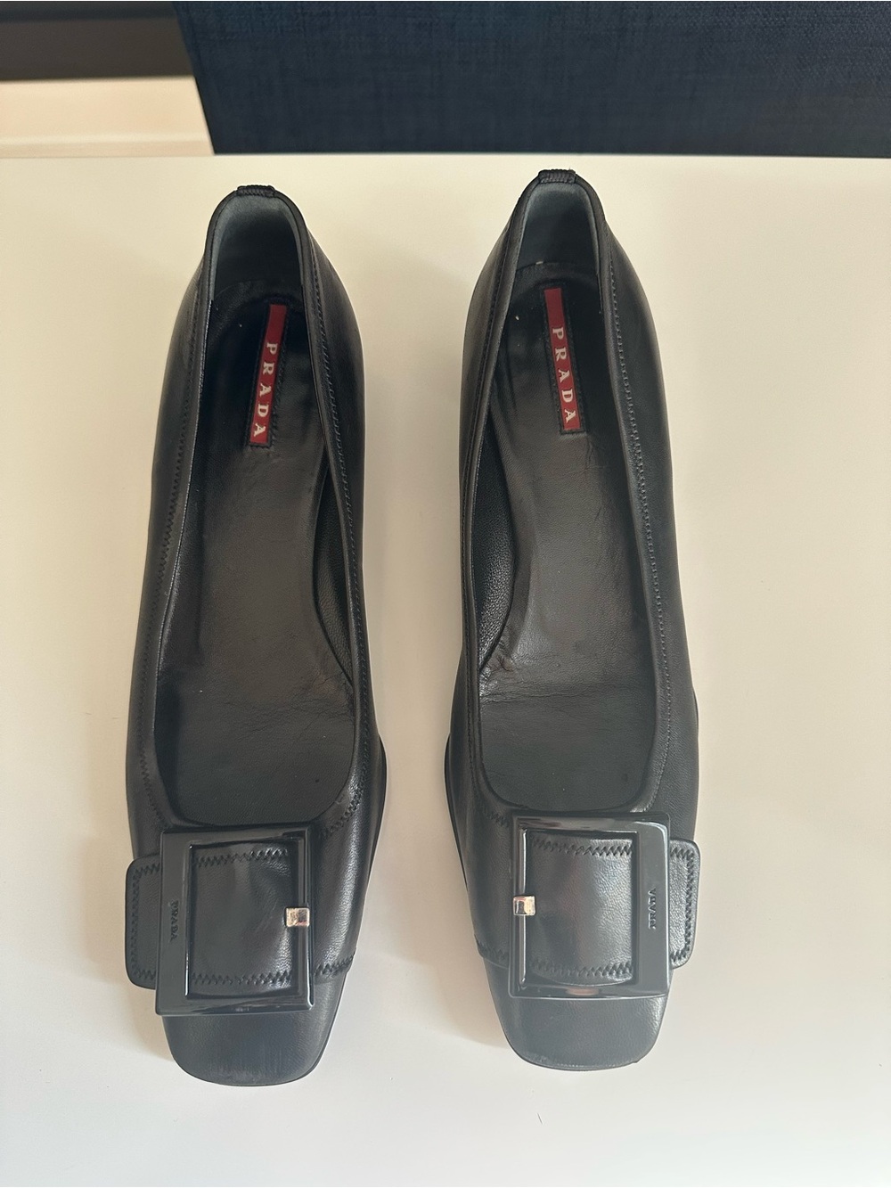 Prada Black Leather Square-Toe Flats with Front Buckle